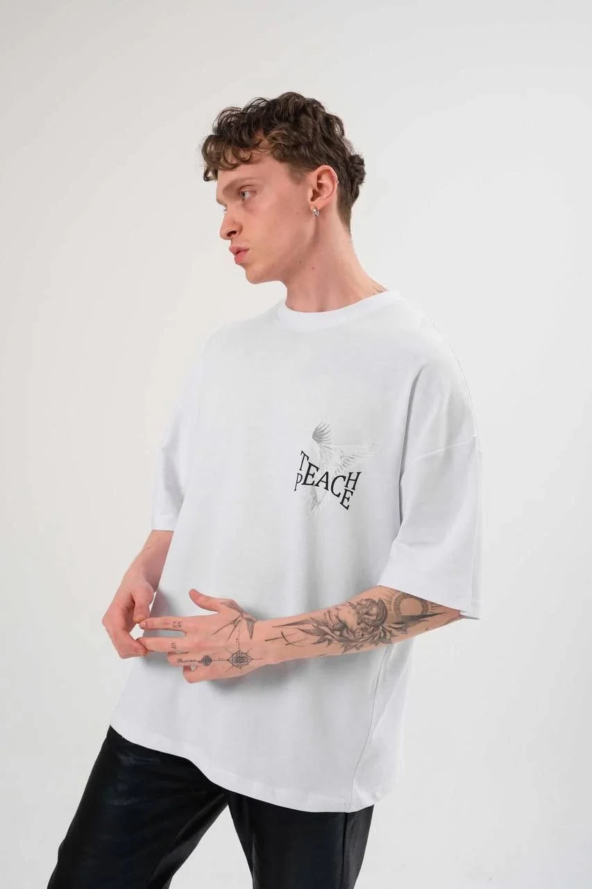Unisex Bisiklet Yaka Baskılı Oversize T-Shirt - Siyah