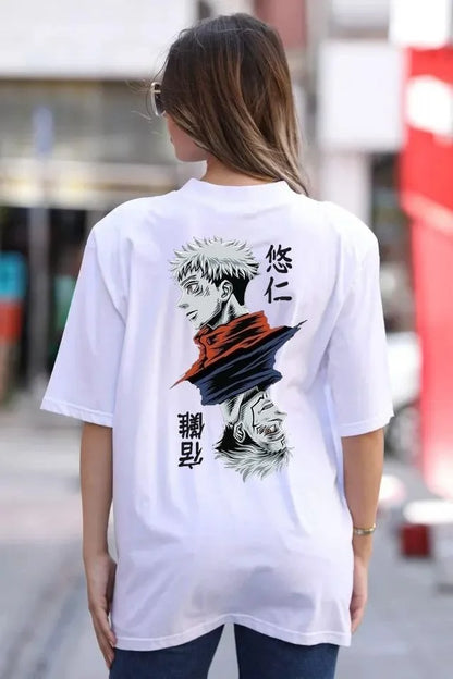 Unisex Bisiklet Yaka Baskılı Oversize T-Shirt - Siyah