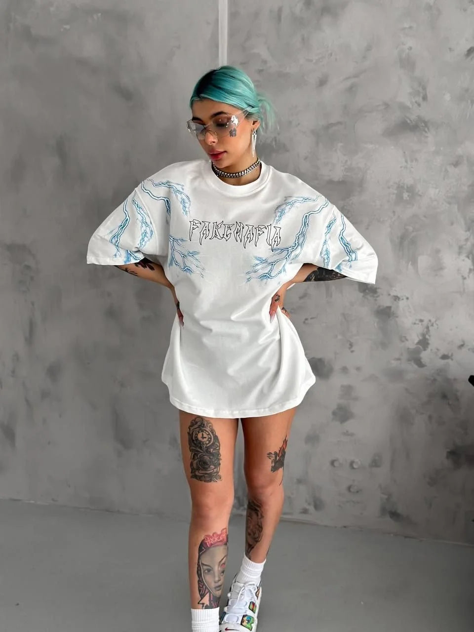 Unisex Bisiklet Yaka Baskılı Oversize T-Shirt - Siyah