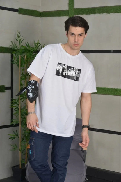 Unisex Bisiklet Yaka Baskılı Oversize T-Shirt - Siyah