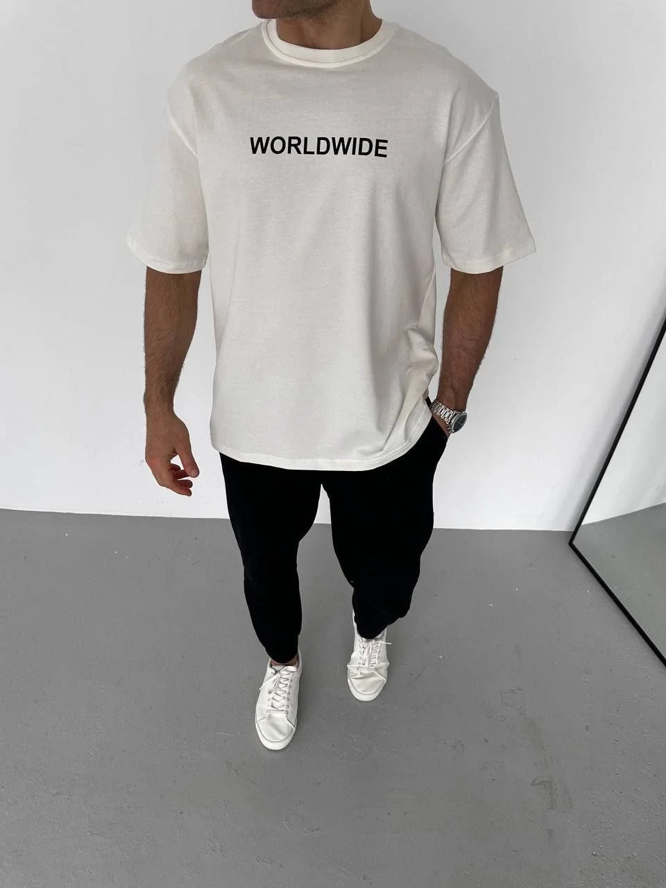 Unisex Bisiklet Yaka Baskılı Oversize T-Shirt - Siyah