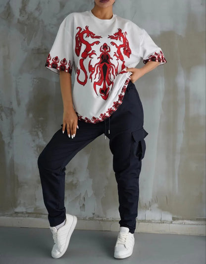 Unisex Bisiklet Yaka Baskılı Oversize T-Shirt - Siyah