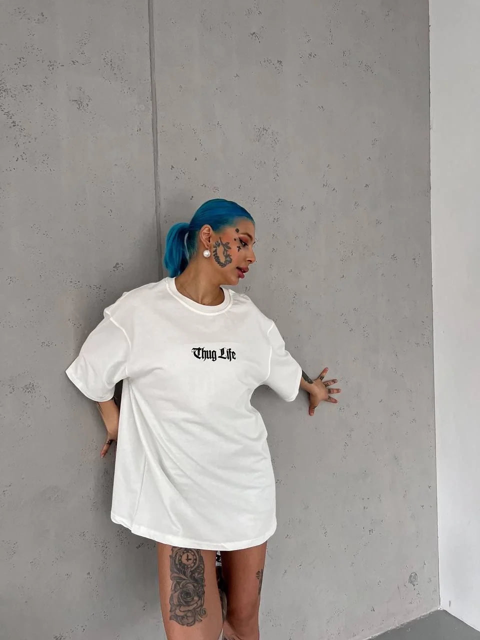 Unisex Bisiklet Yaka Baskılı Oversize T-Shirt - Siyah