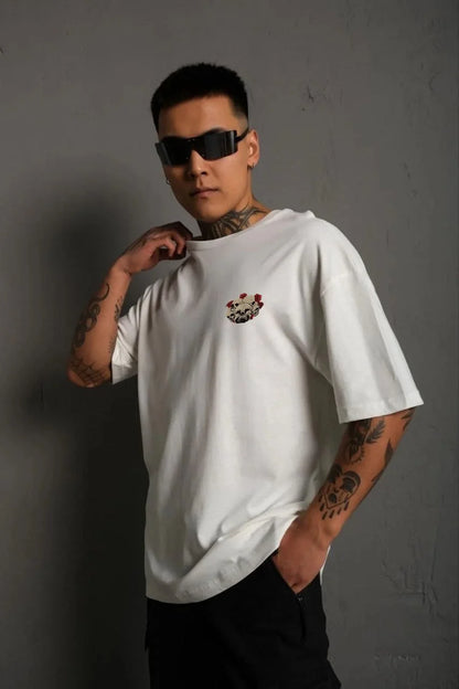 Unisex Bisiklet Yaka Baskılı Oversize T-Shirt - Siyah