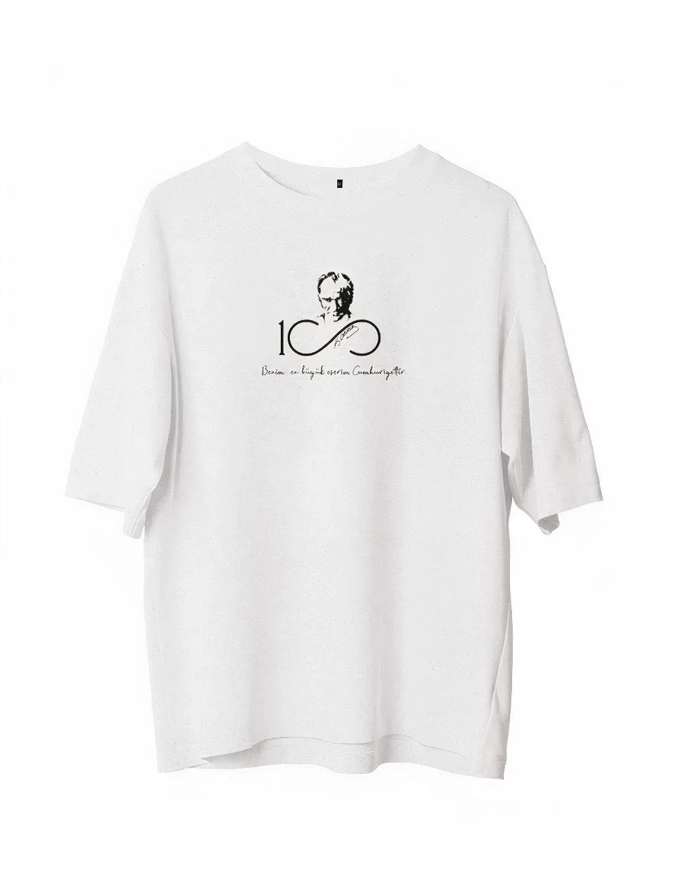 Unisex Bisiklet Yaka Baskılı Oversize T-Shirt - Siyah