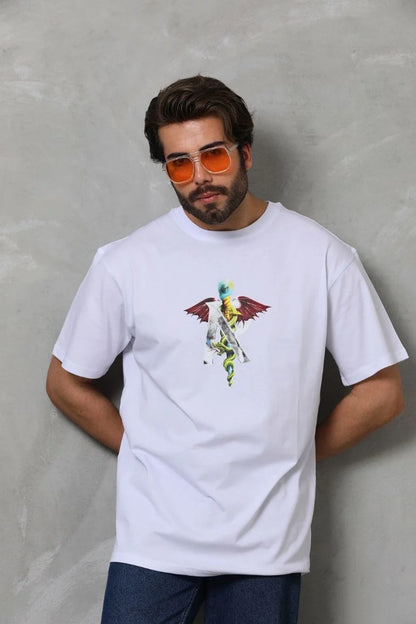 Unisex Bisiklet Yaka Baskılı Oversize T-Shirt - Siyah