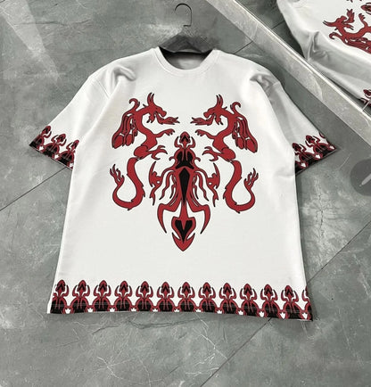 Unisex Bisiklet Yaka Baskılı Oversize T-Shirt - Siyah