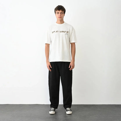 Unisex Bisiklet Yaka Baskılı Oversize T-Shirt - Siyah