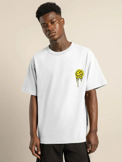 Unisex Bisiklet Yaka Baskılı Oversize T-Shirt - Siyah