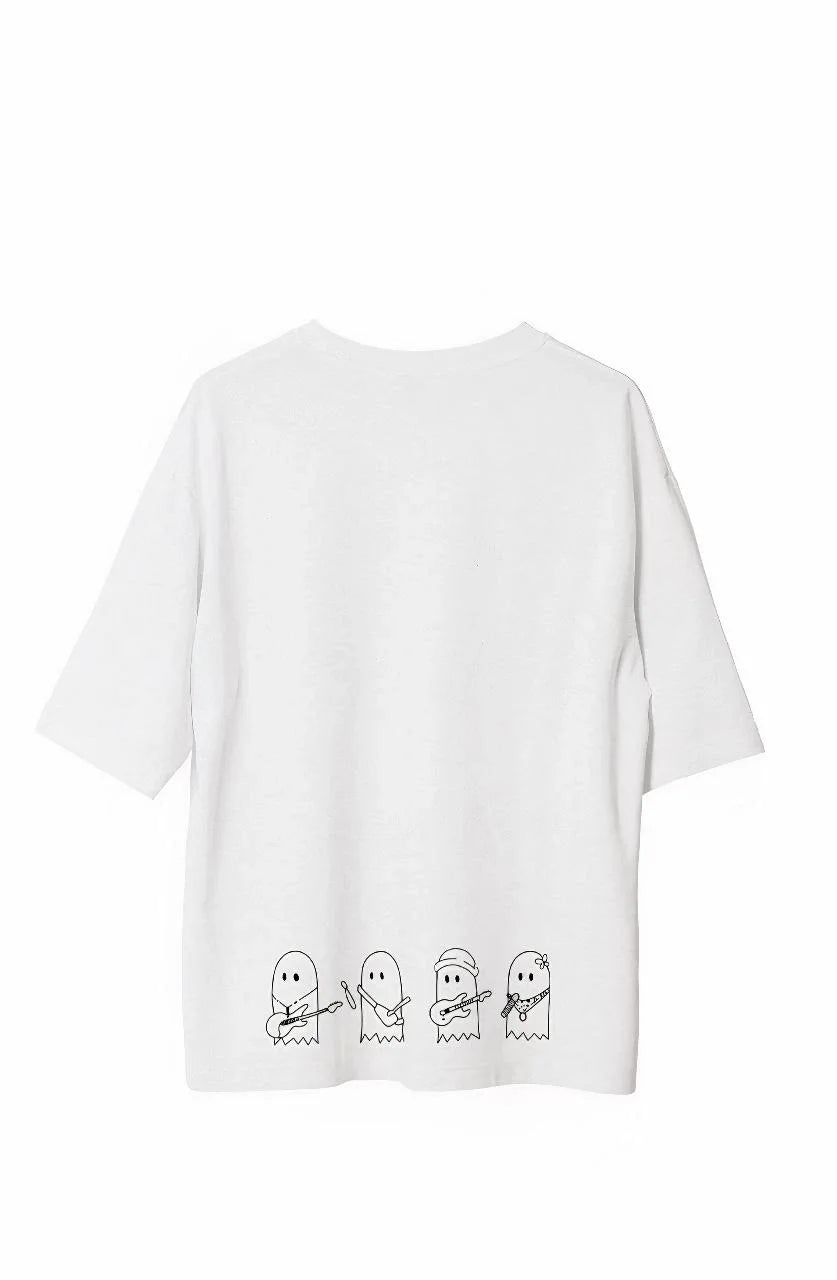 Unisex Bisiklet Yaka Baskılı Oversize T-Shirt - Siyah