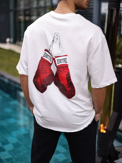 Unisex Bisiklet Yaka Baskılı Oversize T-Shirt - Siyah