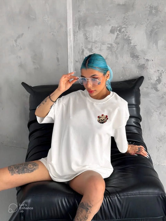 Unisex Bisiklet Yaka Baskılı Oversize T-Shirt - Siyah