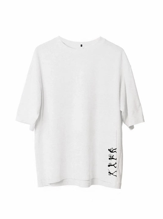 Unisex Bisiklet Yaka Baskılı Oversize T-Shirt - Siyah