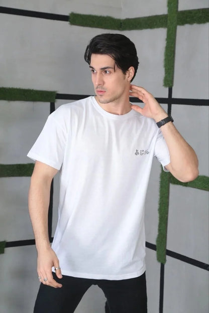 Unisex Bisiklet Yaka Baskılı Oversize T-Shirt - Siyah