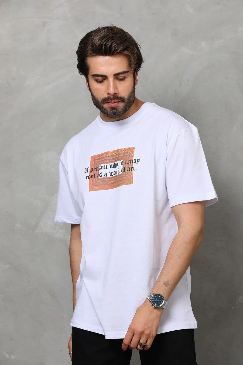 Unisex Bisiklet Yaka Baskılı Oversize T-Shirt - Siyah