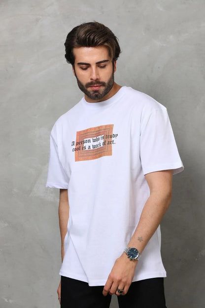 Unisex Bisiklet Yaka Baskılı Oversize T-Shirt - Siyah