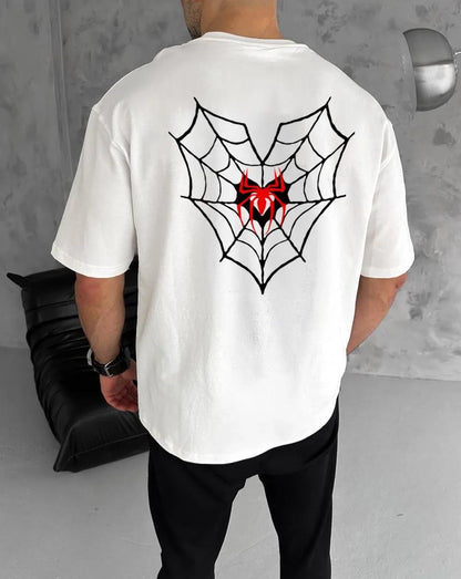 Unisex Bisiklet Yaka Baskılı Oversize T-Shirt - Siyah