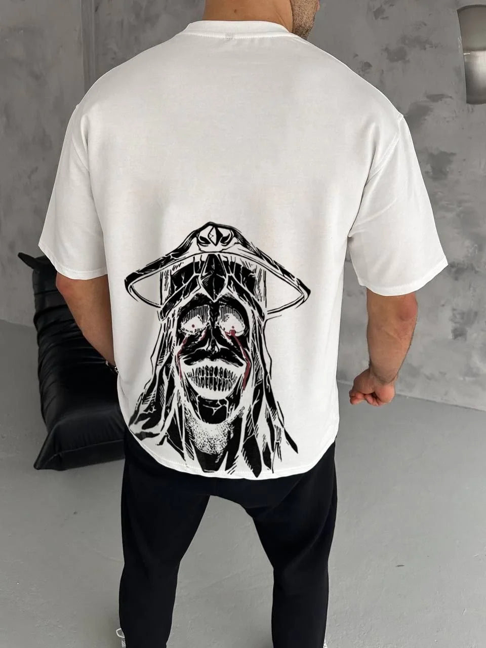 Unisex Bisiklet Yaka Baskılı Oversize T-Shirt - Siyah