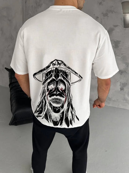 Unisex Bisiklet Yaka Baskılı Oversize T-Shirt - Siyah