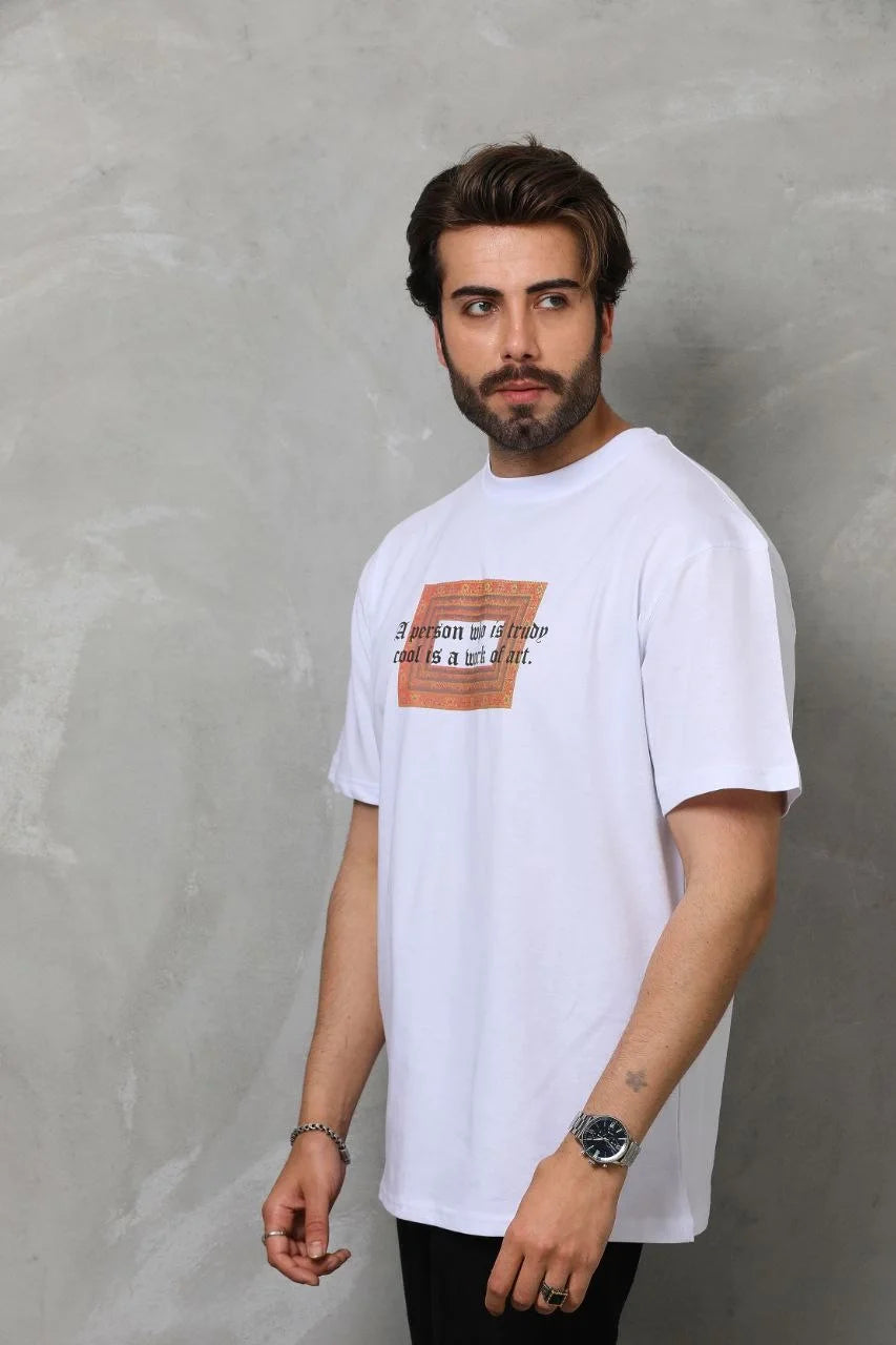 Unisex Bisiklet Yaka Baskılı Oversize T-Shirt - Siyah