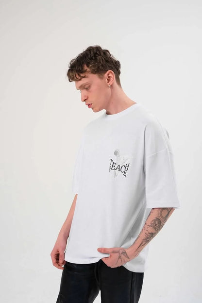 Unisex Bisiklet Yaka Baskılı Oversize T-Shirt - Siyah