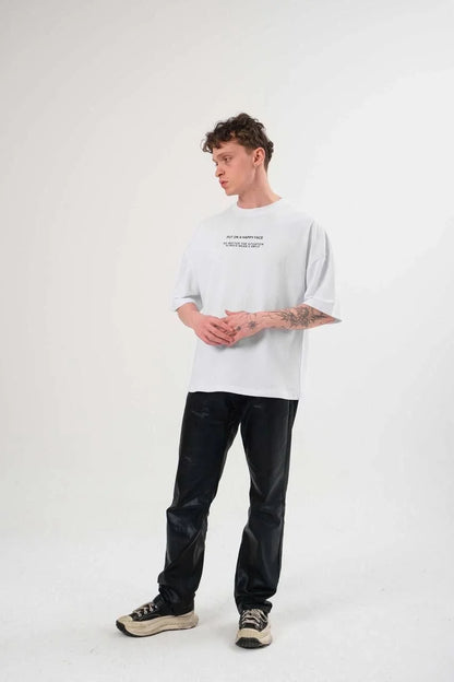 Unisex Bisiklet Yaka Baskılı Oversize T-Shirt - Siyah