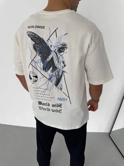 Unisex Bisiklet Yaka Baskılı Oversize T-Shirt - Siyah