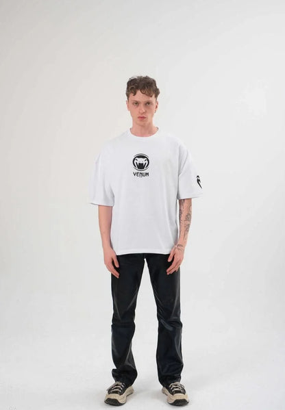 Unisex Bisiklet Yaka Baskılı Oversize T-Shirt - Siyah