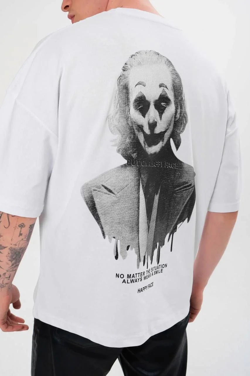 Unisex Bisiklet Yaka Baskılı Oversize T-Shirt - Siyah