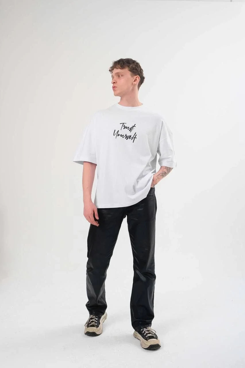 Unisex Bisiklet Yaka Baskılı Oversize T-Shirt - Siyah