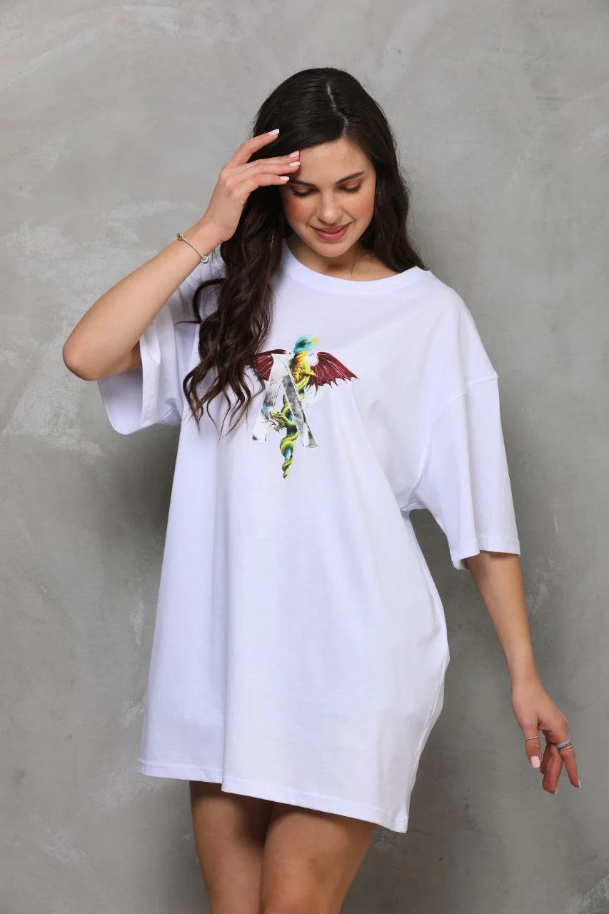 Unisex Bisiklet Yaka Baskılı Oversize T-Shirt - Siyah