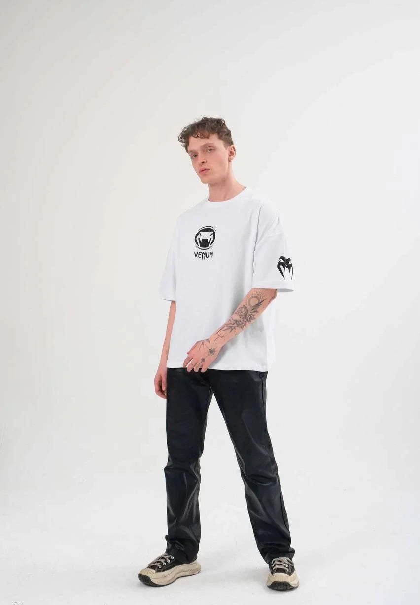 Unisex Bisiklet Yaka Baskılı Oversize T-Shirt - Siyah