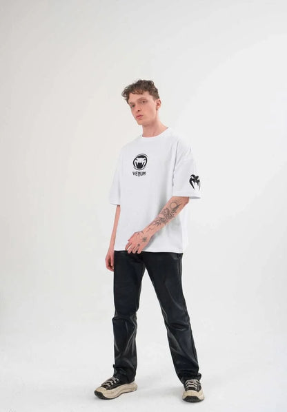 Unisex Bisiklet Yaka Baskılı Oversize T-Shirt - Siyah