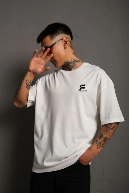 Unisex Bisiklet Yaka Baskılı Oversize T-Shirt - Siyah