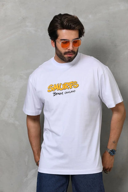 Unisex Bisiklet Yaka Baskılı Oversize T-Shirt - Siyah