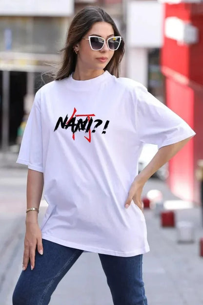 Unisex Bisiklet Yaka Baskılı Oversize T-Shirt - Siyah