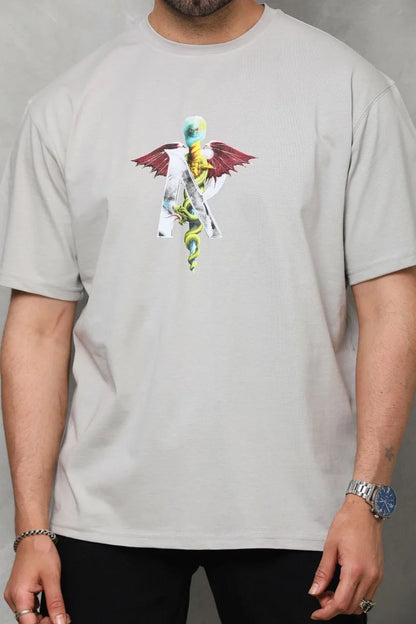 Unisex Bisiklet Yaka Baskılı Oversize T-Shirt - Siyah