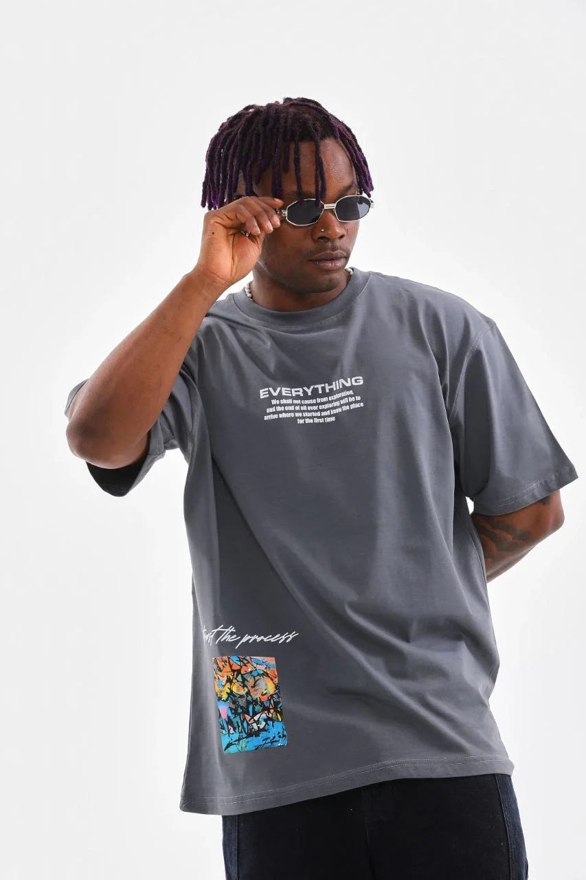 Unisex Bisiklet Yaka Baskılı Oversize T-Shirt - Beyaz