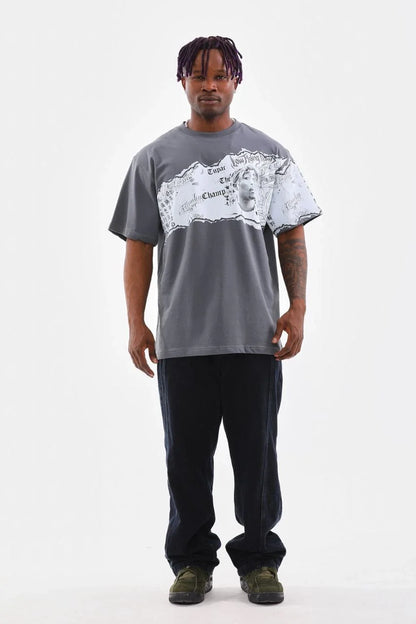 Unisex Bisiklet Yaka Baskılı Oversize T-Shirt - Beyaz