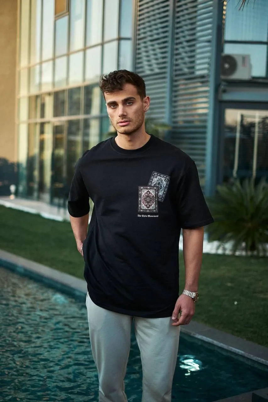 Unisex Bisiklet Yaka Baskılı Oversize T-Shirt - Boyalı Gri