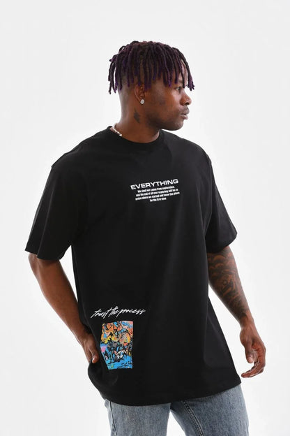 Unisex Bisiklet Yaka Baskılı Oversize T-Shirt - Beyaz