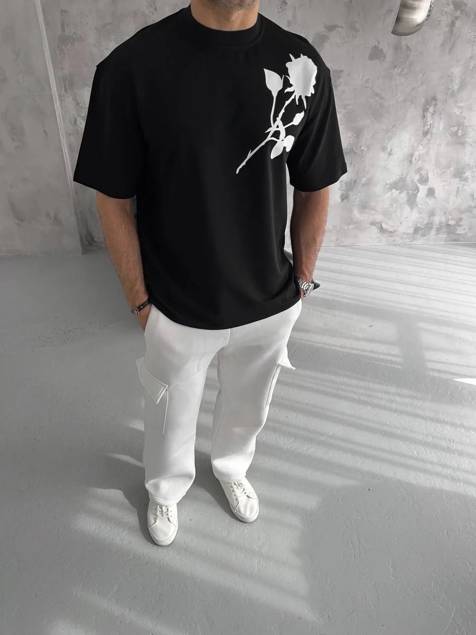 Unisex Bisiklet Yaka Baskılı Oversize T-Shirt - Beyaz