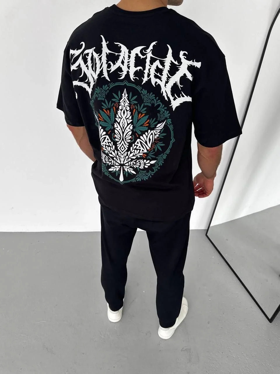 Unisex Bisiklet Yaka Baskılı Oversize T-Shirt - Beyaz