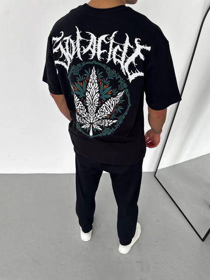 Unisex Bisiklet Yaka Baskılı Oversize T-Shirt - Beyaz