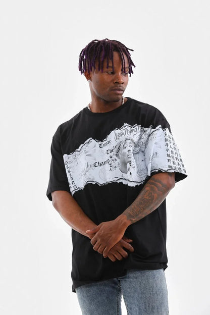 Unisex Bisiklet Yaka Baskılı Oversize T-Shirt - Beyaz