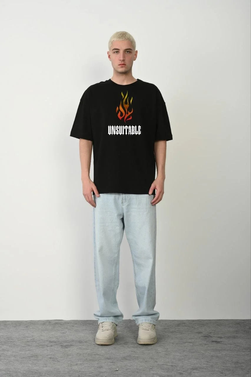 Unisex Bisiklet Yaka Baskılı Oversize T-Shirt - Siyah