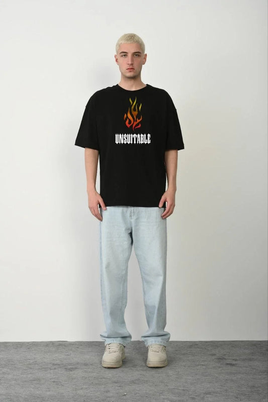 Unisex Bisiklet Yaka Baskılı Oversize T-Shirt - Siyah