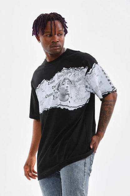 Unisex Bisiklet Yaka Baskılı Oversize T-Shirt - Beyaz