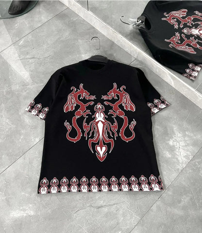 Unisex Bisiklet Yaka Baskılı Oversize T-Shirt - Kırmızı