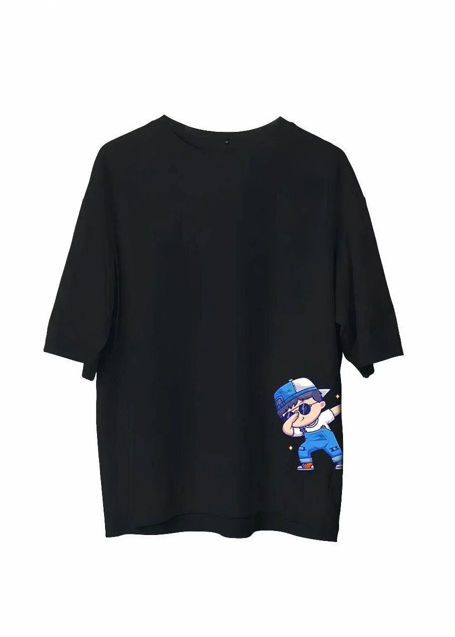 Unisex Bisiklet Yaka Baskılı Oversize T-Shirt - Siyah